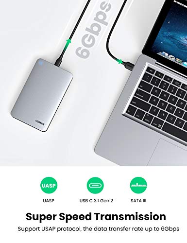 UGREEN Carcasa Disco Duro 2,5" USB C con UASP, Caja Aluminio Disco Duro 2,5 HDD SSD SATA I/II/III de 7mm 9.5mm de Altura, 6TB MAX, Compatible con PS5, Xbox X/S, PS4, PC, con Cable USB C a USB A 3.0
