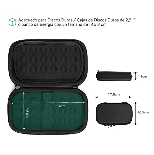 UGREEN Funda para Disco Duro Externo 2.5", Estuche Rígida con Doble Capa Acolchada EVA Compatible con Toshiba, WD My Passport, Seagate, Maxtor, 2.5" HDD/SSD, Powerbank Pendrives,Tarjetas SD, USB Cable