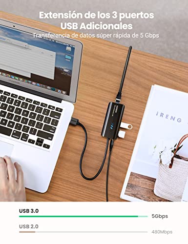 UGREEN Hub USB 3.0 Ethernet Adaptador 1000 Gigabit Ethernet, Tarjeta Red LAN RJ45 con 3 USB 3.0 Puerto 5Gbps Compatible con Xiaomi Mi Box S, Macbook, Lenovo Y530, Ideapad, Raspberry Pi 4 y Otros PC