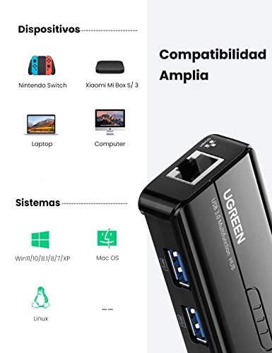 UGREEN Hub USB 3.0 Ethernet Adaptador 1000 Gigabit Ethernet, Tarjeta Red LAN RJ45 con 3 USB 3.0 Puerto 5Gbps Compatible con Xiaomi Mi Box S, Macbook, Lenovo Y530, Ideapad, Raspberry Pi 4 y Otros PC