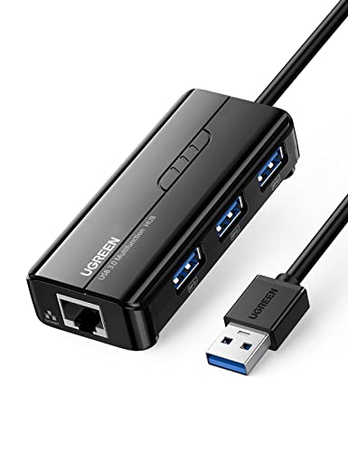 UGREEN Hub USB 3.0 Ethernet Adaptador 1000 Gigabit Ethernet, Tarjeta Red LAN RJ45 con 3 USB 3.0 Puerto 5Gbps Compatible con Xiaomi Mi Box S, Macbook, Lenovo Y530, Ideapad, Raspberry Pi 4 y Otros PC