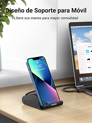 UGREEN HUB USB 3.0 y Lector Tarjeta SD TF MS M2 con Soporte Móvil, Ladrón USB 3.0 5Gbps 3 Puertos Compatible con MacBook Air, MacBook Pro, PS4, Xbox One, Surface Pro, PC. Cable USB de 1 Metro