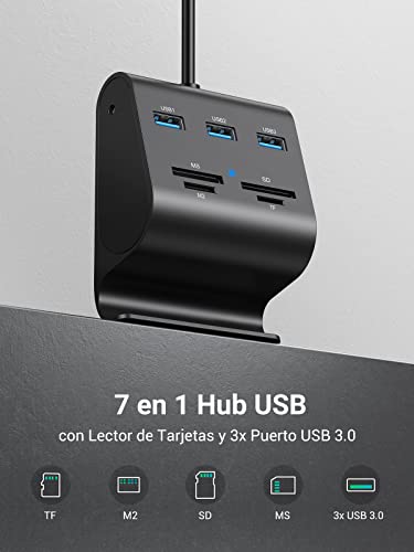 UGREEN HUB USB 3.0 y Lector Tarjeta SD TF MS M2 con Soporte Móvil, Ladrón USB 3.0 5Gbps 3 Puertos Compatible con MacBook Air, MacBook Pro, PS4, Xbox One, Surface Pro, PC. Cable USB de 1 Metro