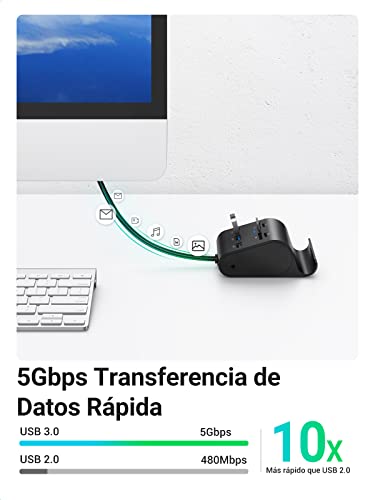 UGREEN HUB USB 3.0 y Lector Tarjeta SD TF MS M2 con Soporte Móvil, Ladrón USB 3.0 5Gbps 3 Puertos Compatible con MacBook Air, MacBook Pro, PS4, Xbox One, Surface Pro, PC. Cable USB de 1 Metro