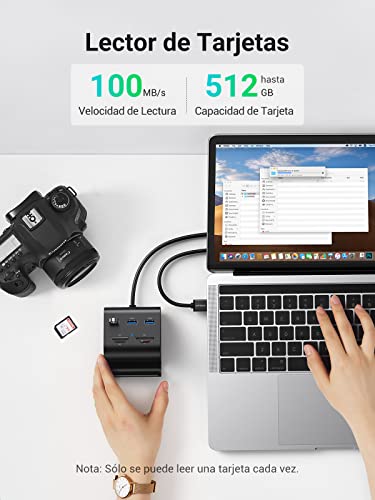 UGREEN HUB USB 3.0 y Lector Tarjeta SD TF MS M2 con Soporte Móvil, Ladrón USB 3.0 5Gbps 3 Puertos Compatible con MacBook Air, MacBook Pro, PS4, Xbox One, Surface Pro, PC. Cable USB de 1 Metro