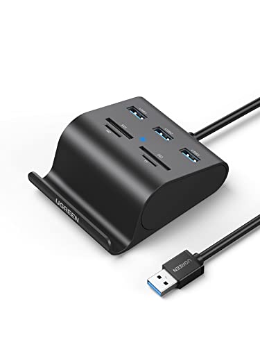 UGREEN HUB USB 3.0 y Lector Tarjeta SD TF MS M2 con Soporte Móvil, Ladrón USB 3.0 5Gbps 3 Puertos Compatible con MacBook Air, MacBook Pro, PS4, Xbox One, Surface Pro, PC. Cable USB de 1 Metro