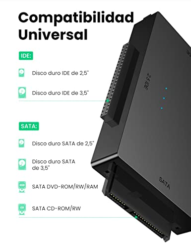 UGREEN USB 3.0 a IDE y SATA Adaptador para 2,5'' y 3,5'' Disco Duro IDE SATA Lector HDD SDD, 10 TB MAX, Compatible con Windows 11/10/8, macOS, Linux, PS5, Xbox X/S, con Adaptador DC 12V y Cable USB 1M