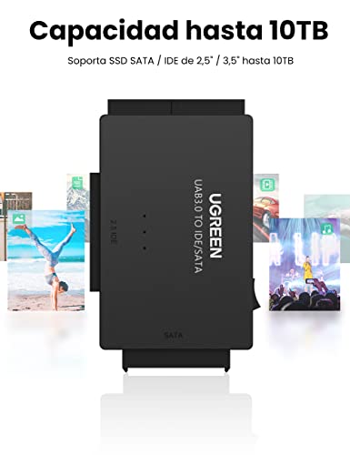 UGREEN USB 3.0 a IDE y SATA Adaptador para 2,5'' y 3,5'' Disco Duro IDE SATA Lector HDD SDD, 10 TB MAX, Compatible con Windows 11/10/8, macOS, Linux, PS5, Xbox X/S, con Adaptador DC 12V y Cable USB 1M