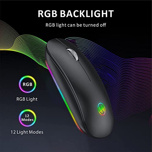 Uiosmuph M530 Bluetooth Ratón inalámbrico, RGB 2.4 GHz LED Ratón Silencioso Recargable con Adaptador de Receptor Nano USB Tipo c para Ordenador portátil Tablet PC (Arena Negra)