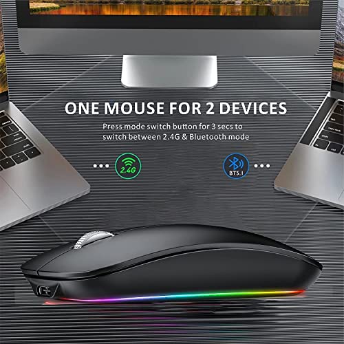 Uiosmuph M530 Bluetooth Ratón inalámbrico, RGB 2.4 GHz LED Ratón Silencioso Recargable con Adaptador de Receptor Nano USB Tipo c para Ordenador portátil Tablet PC (Arena Negra)