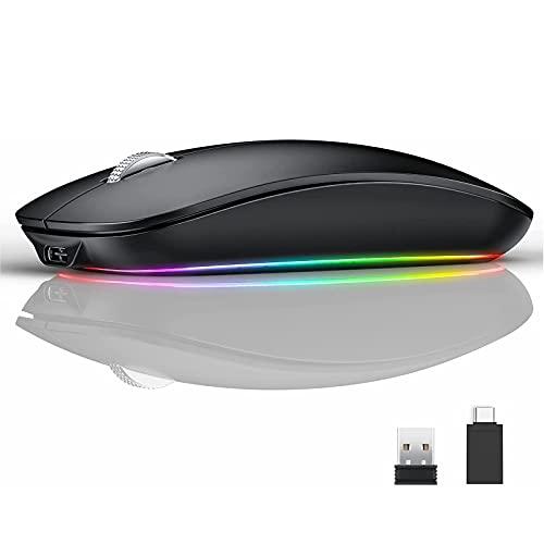 Uiosmuph M530 Bluetooth Ratón inalámbrico, RGB 2.4 GHz LED Ratón Silencioso Recargable con Adaptador de Receptor Nano USB Tipo c para Ordenador portátil Tablet PC (Arena Negra)