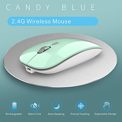 Uiosmuph Q5 Ratón Inalámbrico Recargable, Mouse Wireless 2.4G Mute de Mouse Inalambrico, Ultra Delgado,1600 dpi Ajustable para Portatil/Computadora/Windows/Linux/Vista/PC(Mint Green)