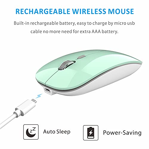Uiosmuph Q5 Ratón Inalámbrico Recargable, Mouse Wireless 2.4G Mute de Mouse Inalambrico, Ultra Delgado,1600 dpi Ajustable para Portatil/Computadora/Windows/Linux/Vista/PC(Mint Green)