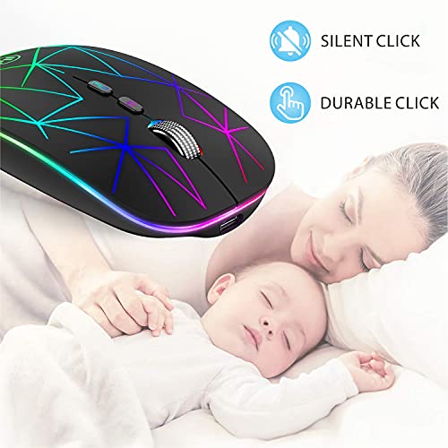 Uiosmuph U18 Ratón inalámbrico de 2,4 GHz, LED ratón silencioso Recargable con Adaptador de Receptor Nano USB Tipo c para Ordenador portátil Tablet PC (Black)
