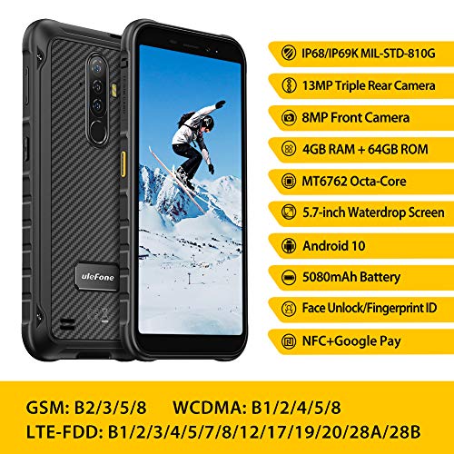 Ulefone Armor X8 Móvil Libre Resistente, Android 10.0 Irrompibles 4G, 5.7 ''HD+, 64GB ROM+4GB RAM, Batería de 5080mAh, Cámara 13MP + 8MP, Doble SIM FM Desbloqueo Facial/NFC, Negro