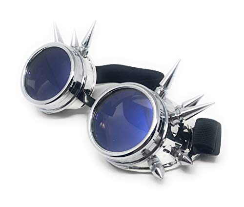 Ultra Plateado Con Azules Lentes Steampunk Gafas Cibernéticas Punk Victoriano Cosplay Gótico Redondo Lentes Soldadura Rústico Puntiagudos Vintage