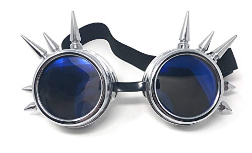 Ultra Plateado Con Azules Lentes Steampunk Gafas Cibernéticas Punk Victoriano Cosplay Gótico Redondo Lentes Soldadura Rústico Puntiagudos Vintage