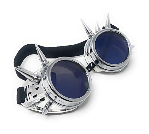 Ultra Plateado Con Azules Lentes Steampunk Gafas Cibernéticas Punk Victoriano Cosplay Gótico Redondo Lentes Soldadura Rústico Puntiagudos Vintage