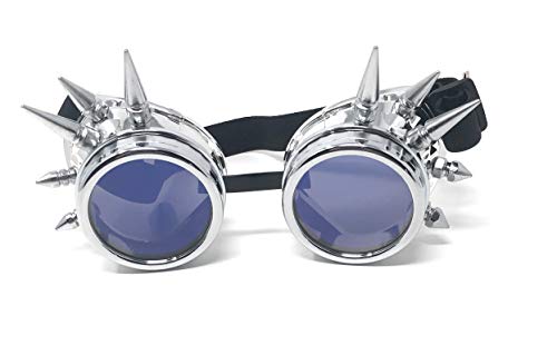 Ultra Plateado Con Azules Lentes Steampunk Gafas Cibernéticas Punk Victoriano Cosplay Gótico Redondo Lentes Soldadura Rústico Puntiagudos Vintage