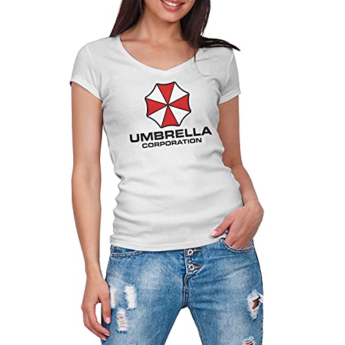 Umbrella Corps Logo Camiseta Blanca con Cuello en V para Mujer Size M