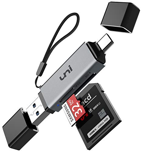 USB 3.0 Lector de Tarjeta SD, uni USB C Lector de Tarjeta Memoria, Lector de Tarjeta Micro SD con Anti-Pérdida Acollador, Cáscara Aluminio, Compatible con MacBook Pro, iPad Pro etc