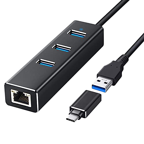 USB Ethernet 3.0, Aluminio USB Hub C Adaptador 10/100/1000 Mbps Gigabit Ethernet, 3 USB Puertos con Tarjeta Red LAN RJ45 y Adaptador USB C para Mac, Chromebook, Windows 10/8/7/XP, Linux