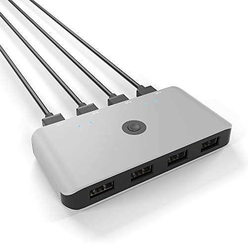 USB Switch, Conmutador USB 2.0 para 4 PC Compartiendo 4 Dispositivos USB, Intercambio de Un Botón para Teclado, Mouse, Escáner, Impresora, con 4 Cables USB A a A