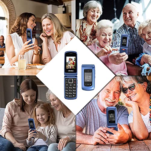 USHINING 2G Teléfono Móvil para Personas Mayores, Teléfono Móvil de Concha con Botones Grandes y Volumen Alto, Función SOS, Cámara, Doble Pantalla de Visualización (1,77 y 2,4 Pulgadas) - Azul