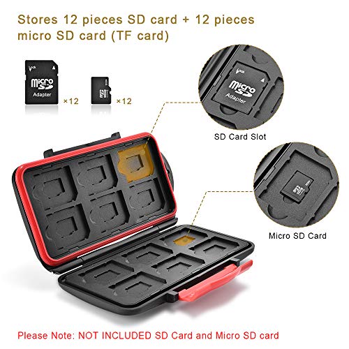 UTEBIT Waterproof Memory Card Case Rust-Proof Anti-Shock SD Card Case with Lanyard 24 Slots for 12 SD Cards + 12 Micro SD TF Cards