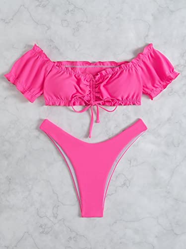 UYROOSS Bikini for Mujer Swimsuits Playa Sorteo Lechuga Recorte del Traje de baño del Bikini del Hombro (Color : Hot Pink, Size : S)