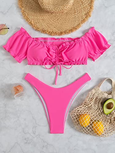 UYROOSS Bikini for Mujer Swimsuits Playa Sorteo Lechuga Recorte del Traje de baño del Bikini del Hombro (Color : Hot Pink, Size : S)