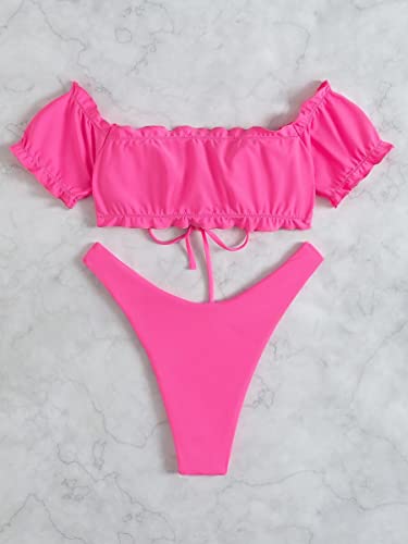 UYROOSS Bikini for Mujer Swimsuits Playa Sorteo Lechuga Recorte del Traje de baño del Bikini del Hombro (Color : Hot Pink, Size : S)