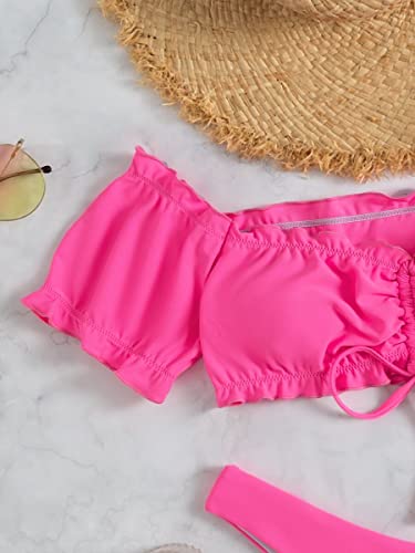 UYROOSS Bikini for Mujer Swimsuits Playa Sorteo Lechuga Recorte del Traje de baño del Bikini del Hombro (Color : Hot Pink, Size : S)