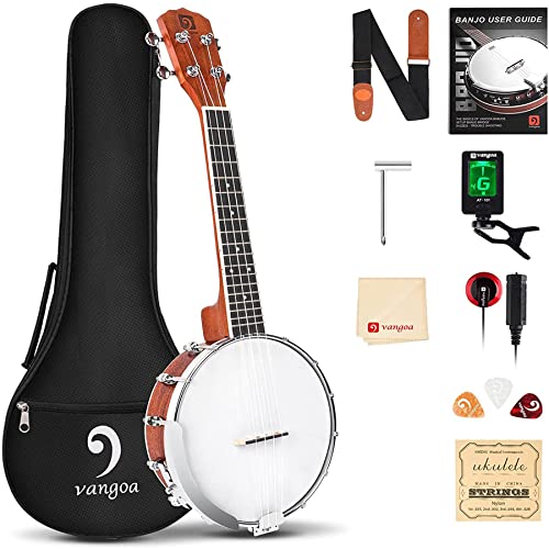Vangoa Ukelele de banjo de 4 cuerdas, mini banjolele de concierto de viaje portátil de 23 pulgadas para principiantes con estuche, correa, cuerdas y más