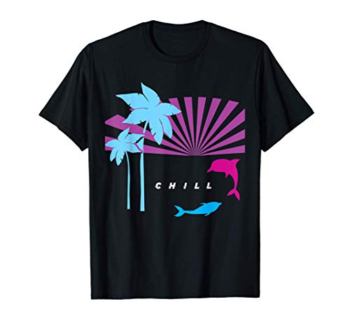 Vaporwave Retro CHILL Vibes Dolphin Sunset Palm Tree Dolphin Camiseta