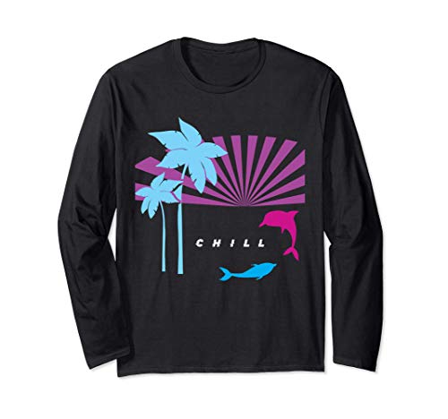 Vaporwave Retro CHILL Vibes Dolphin Sunset Palm Tree Dolphin Manga Larga
