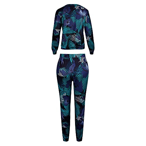 VBHJK Women's Pyjama Sets,Ladies Nightwear Warm Long Sleeve Top and Pants Dark Green Cotton Round Neck Palm Leaf Flowers Plant Tropical Autumn Winter Cosy Soft Casual Loungewear For Lady Jogging