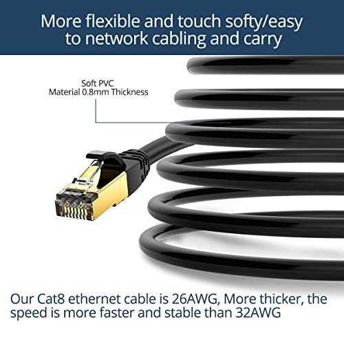 Veetop Cable Ethernet Cat 8 de Red con Conectores rj45 Oro para 40 Gigabit Internet LAN 1m Negro