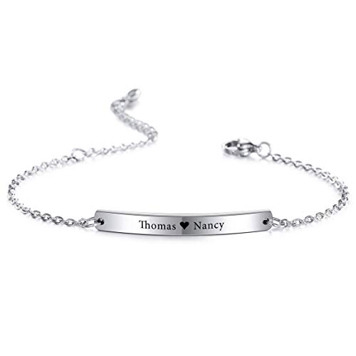 VIBOOS Pulsera Personalizada Grabado Nombres Personalizados para Mujeres Niñas Acero Inoxidable Enlace Ajustable En El Tobillo Regalos De Dama De Honor Pulseras del Mejor Amigo (Plateado Color)