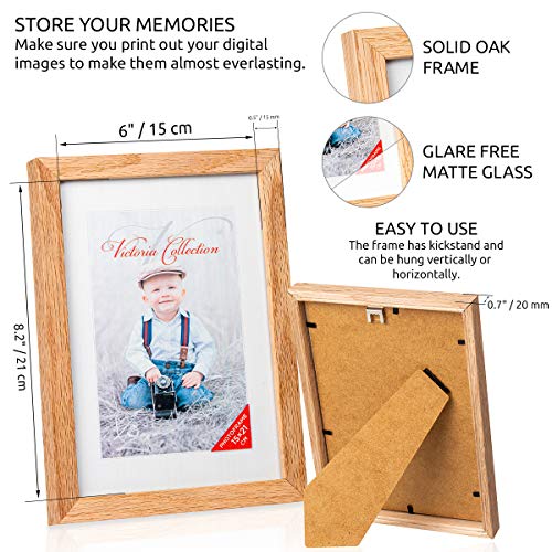 Victoria Collection Solid Oak Photo Frame - Classic Wooden Picture Frame for 6x8,5 (15x21 cm) Photos | Free Standing Photoframe Suitable for Desk & Wall | Portrait & Landscape