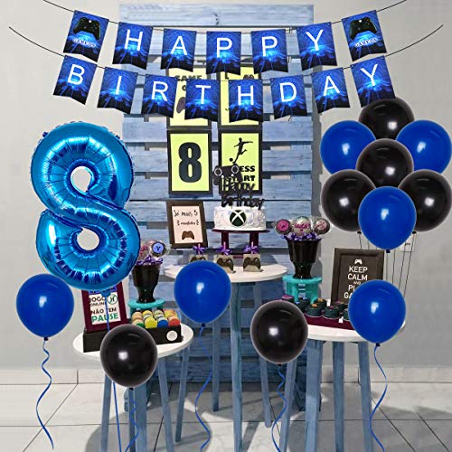 Videojuego Decoraciones cumpleaños número 8 para niños Juego en suministros fiesta cumpleaños Juego azul Banner feliz cumpleaños Controlador juego Globo