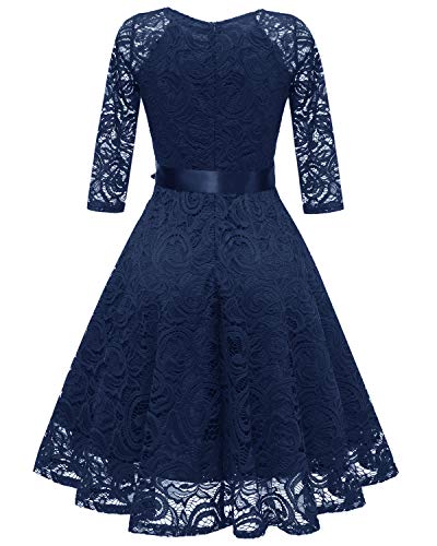 VILOREE Vestido vintage de los años 50 Rockabilly para mujer, manga 3/4, vestido de fiesta, línea A, azul marino, M