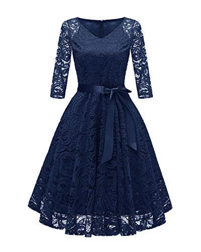 VILOREE Vestido vintage de los años 50 Rockabilly para mujer, manga 3/4, vestido de fiesta, línea A, azul marino, M
