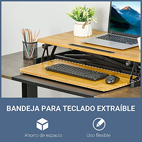 Vinsetto Convertidor de Escritorio de Pie con Altura Ajustable de 13,5-51 cm Bandeja para Teclado Desmontable y Plataforma de 80x40 cm Estación de Trabajo Madera Natural