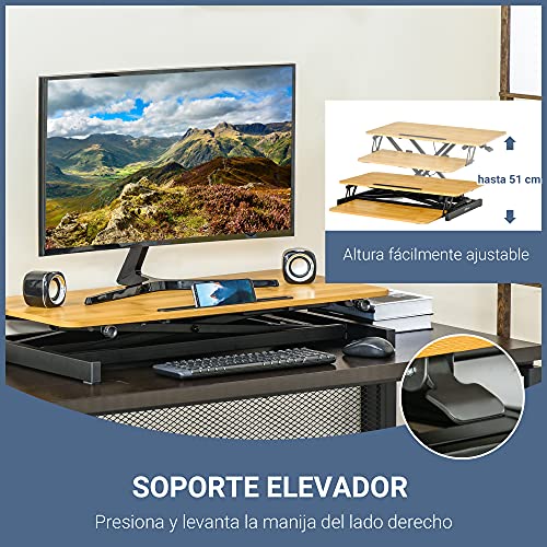 Vinsetto Convertidor de Escritorio de Pie con Altura Ajustable de 13,5-51 cm Bandeja para Teclado Desmontable y Plataforma de 80x40 cm Estación de Trabajo Madera Natural