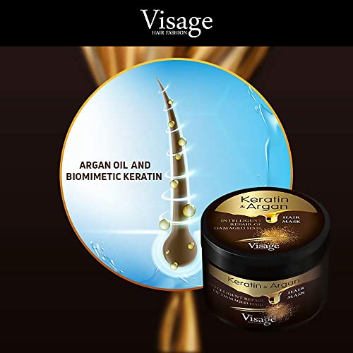 VISAGE Mascarilla capilar 500ml + Shampoo 250ml + Acondicionador Pelo 250ml | Con aceite de argán y queratina | Mascarilla pelo seco y dañado | Tratamiento hidratante cabello | tratamiento keratina