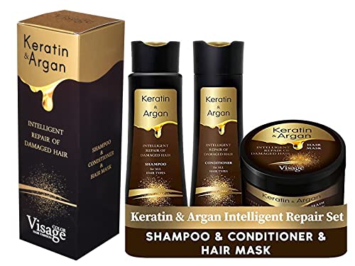 VISAGE Mascarilla capilar 500ml + Shampoo 250ml + Acondicionador Pelo 250ml | Con aceite de argán y queratina | Mascarilla pelo seco y dañado | Tratamiento hidratante cabello | tratamiento keratina