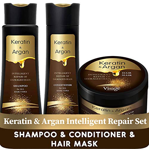 VISAGE Mascarilla capilar 500ml + Shampoo 250ml + Acondicionador Pelo 250ml | Con aceite de argán y queratina | Mascarilla pelo seco y dañado | Tratamiento hidratante cabello | tratamiento keratina