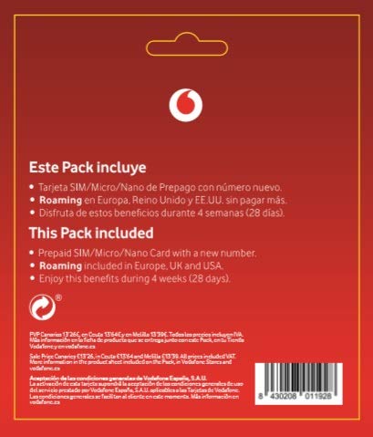 Vodafone Prepago M 20GB + llamadas ilimitadas nacionales (800 min internacionales) Roaming Europa EEUU
