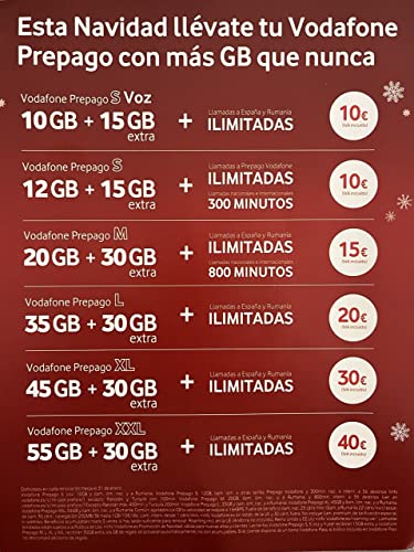 Vodafone Prepago Tarifa S Voz 10GB+15GB Extra Navidad+Llamadas ilimitadas España y Rumania